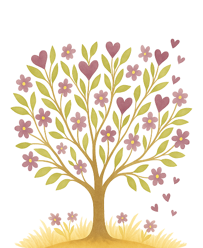 Illustration of a stylized tree with green leaves, pink flowers, and heart decorations on a transparent background