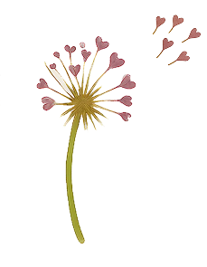 Illustrated dandelion with heart-shaped seeds blowing in the wind