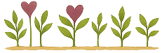 Illustration of seven stylized plants growing from soil, two topped with red heart‑shaped flowers.