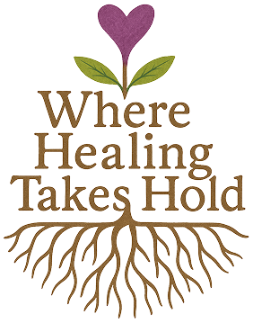 Illustration of a sprouting heart above text and branching roots symbolizing healing and growth