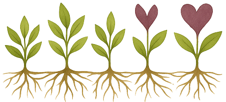 Nature‑themed illustration of plants sprouting from soil, some topped with red hearts.