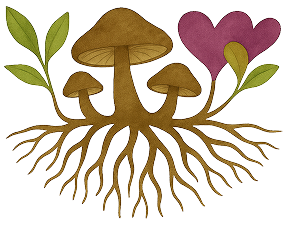 Illustration of three brown mushrooms with shared roots, green leaves, and two purple heart‑shaped leaves.