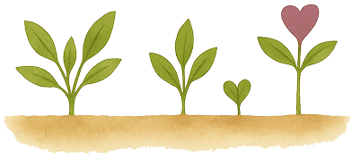 Illustration of four plants growing from soil, the tallest topped with a pink heart shape
